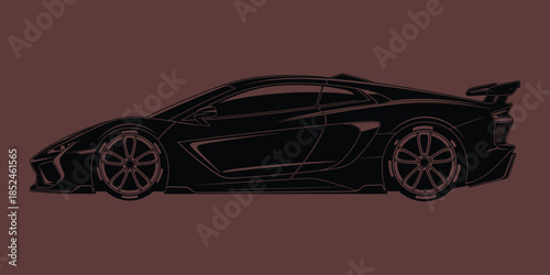 Sports car side view, sleek design, aerodynamic body, alloy wheels, rear spoiler, luxury vehicle, dark palette, flat vector illustration