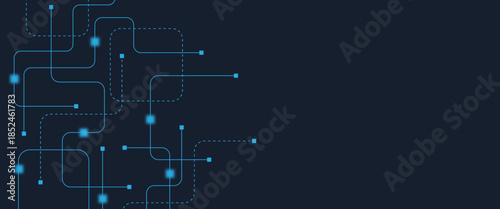 Abstract digital AI circuit board background with tech icons. Digital technology motherboard texture design. Engineering circuit board concept for poster, header, banner, website, presentation