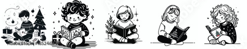 line art of a child reading a Christmas story book. Vector, minimalist, illustration, icon set.