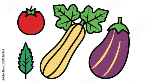 Colorful cartoon vegetables including tomato, eggplant, zucchini, and leafy greens illustration