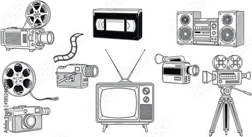 Vintage film projector, retro camera, VHS tape, old television, boombox, media icons, analog devices, nostalgic tech, flat vector illustration
