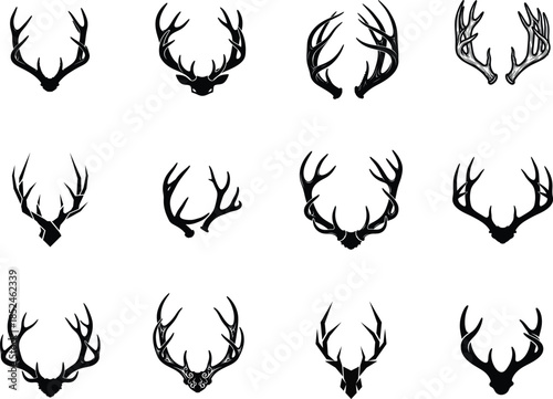 Collection of stylized deer antler silhouettes in black for wildlife, hunting, and rustic design themes.