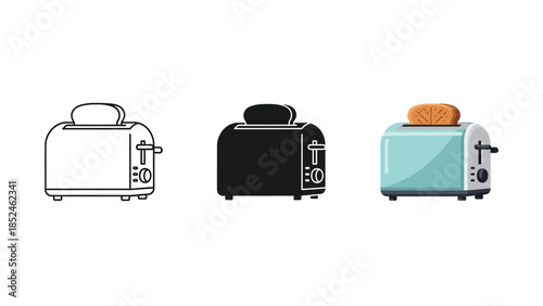 Set of three toasters outline, solid black and colored with toast
