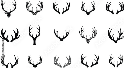 Set of diverse deer antler silhouettes arranged in rows for wildlife, hunting, and rustic graphic design