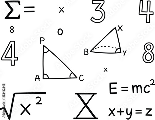 Hand drawn mathematics and geometry symbols illustration featuring equations, numbers, and geometric shapes for education and science concepts