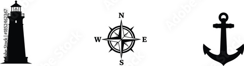 Nautical silhouette icon set featuring lighthouse, compass rose, and anchor symbols for maritime and navigation themes