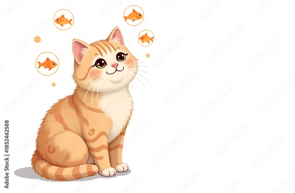 Fototapeta premium Cute orange cat dreaming of goldfish in playful thought bubbles in a bright, cheerful setting