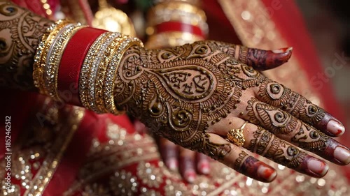 Intricate Paisley Henna Design Adorns a Bride's Hand Featuring Gold Bangles and Red Bangles During a Traditional Wedding Ceremony with Soft Lighting