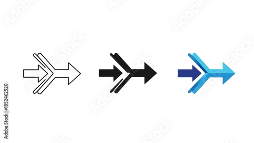 Three styles of rightpointing arrow icons showing merge or convergence, outline, solid black and blue gradient vector designs