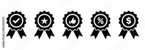 black award badge with ribbon icon set checkmark star like percent dollar symbols on white background