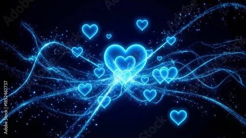 Dynamic abstract animation featuring glowing blue hearts intertwined with swirling light particles on a dark background creating a vibrant and