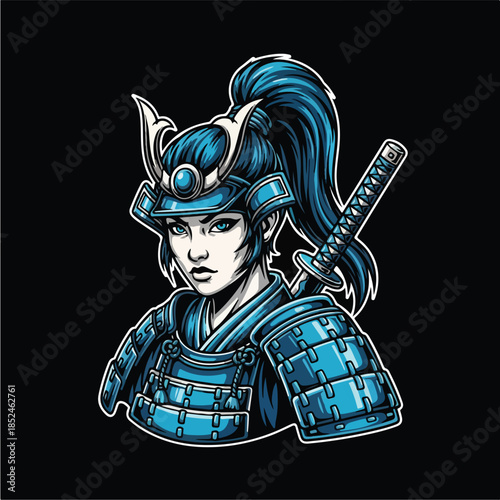 Female Samurai Warrior in Blue Armor with Katana.