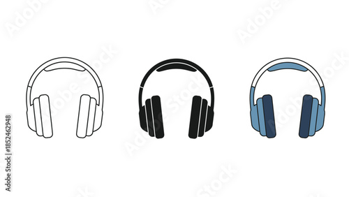 Set of three headphone icons, outline, solid black and blue color variations