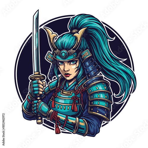 Female Samurai Warrior with Katana Sword Illustration.