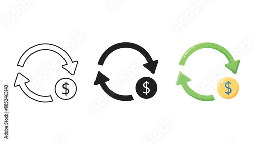 Set of three icons representing currency exchange, money circulation, and financial transaction cycles in outline, solid black and color styles