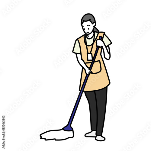 モップで床を掃除する清掃スタッフを描いた親しみやすいキャラクターイラスト｜サービス業や日常清掃の現場を想起させる仕事イメージの人物表現