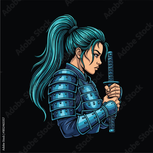 Female Samurai Warrior with Katana Sword.