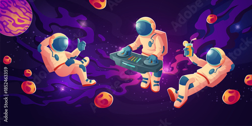 Astronaut dj with turntable in open space