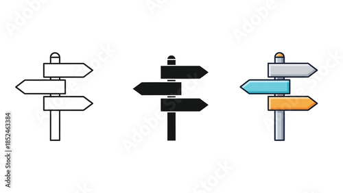 Set of three directional signposts with arrows showing different paths