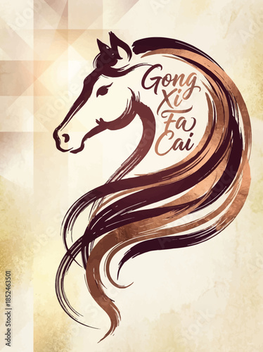 Vibrant Lunar New Year Celebration with Majestic Horse Illustration, Gong Xi Fa Cai Greeting for 2026 Year of the Fire Horse