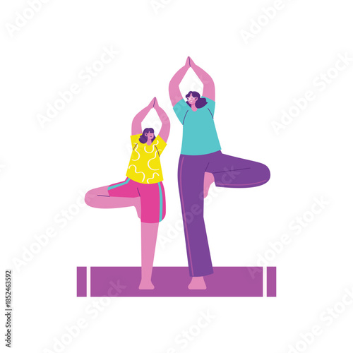 Mother and Daughter Balancing in Tree Pose Yoga Exercise.