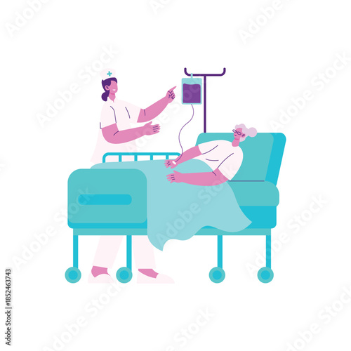 Nurse Adjusting IV Drip for Elderly Patient in Hospital Bed.