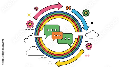 Vibrant circular chat flow with colorful arrows and flowers