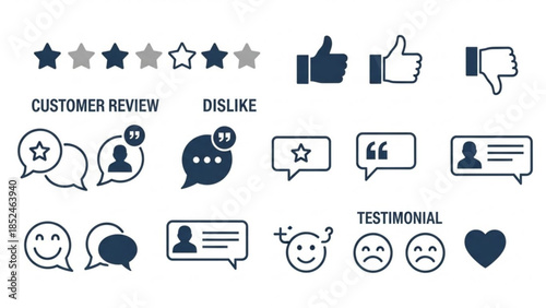 Customer review and testimonial icons with ratings, likes