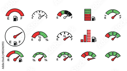 Fuel gauge icons, gasoline level indicators, and oil tank symbols in various styles