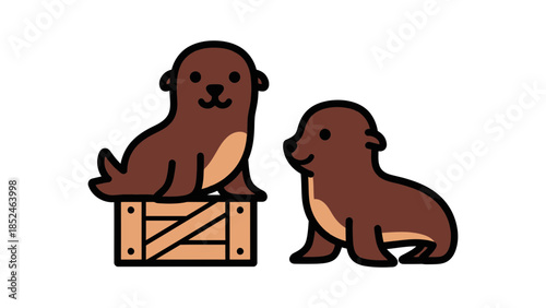 Two brown otter friends playing on wooden crate happily