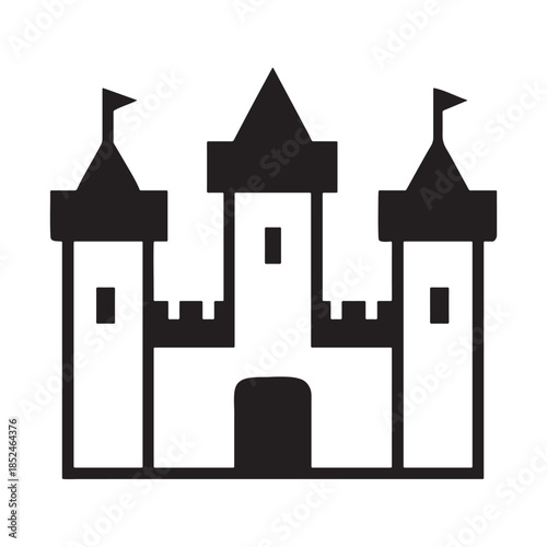 Vector illustration of a black silhouette of a medieval fantasy castle fortress with towers and fairy tale architecture icons isolated on a white background