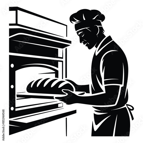 Silhouette of baker putting fresh baked bread into commercial oven, professional chef at work in bakery, artisan bread making process
