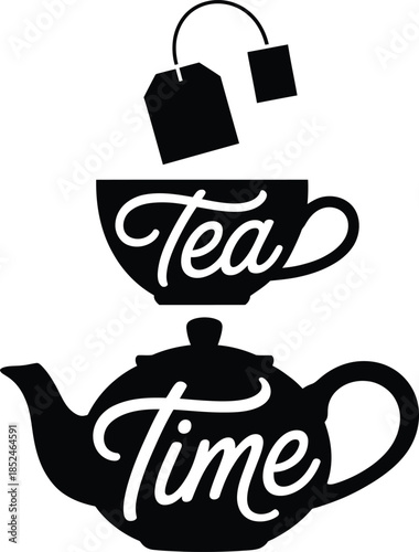 Elegant tea time vector illustration featuring teapot, cup and teabag for designs
