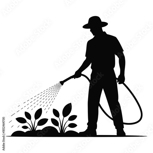 Silhouette of man watering garden plants with a hose, gardener wearing a hat, agricultural worker taking care of crops