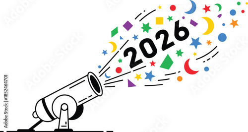 New Year 2026 celebration vector with line art confetti cannon launching colorful stars moons and festive geometric shapes.