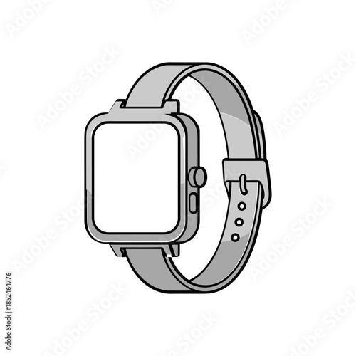 Monochrome line art illustration of a modern smartwatch device.