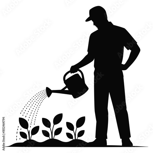 Silhouette of man watering garden plants with watering can, gardener tending to sprouts, agricultural worker taking care of crops