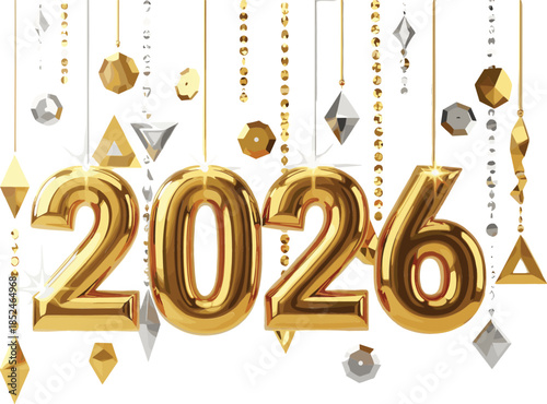 New Year 2026 golden 3D numbers with hanging luxury gems beaded strings and shimmering metallic stars vector illustration.