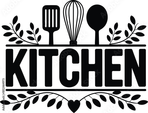 Kitchen lettering vector illustration featuring cooking utensils and leafy branches
