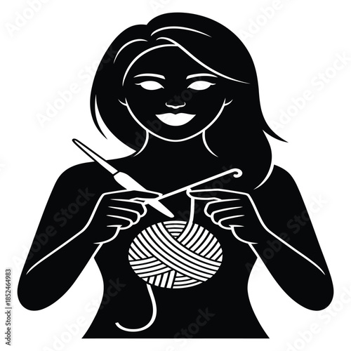 Woman crocheting with yarn ball and hooks black and white silhouette young female crafter enjoying hobby creative activity handmade craft project design