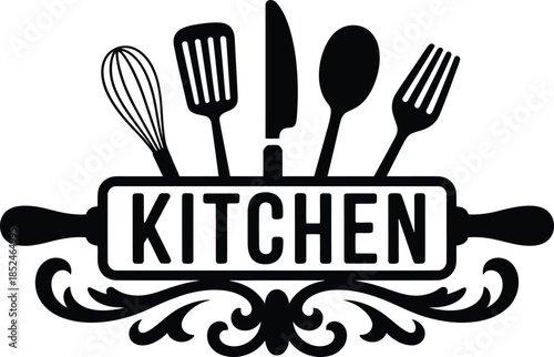 Kitchen utensils vector design featuring rolling pin with cutlery and floral ornaments