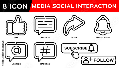 MEDIA SOCIAL INTERACTION, Like, Comment, Share, Subscribe, Follow, Notification, Mention, Hashtag. Vector illustration
