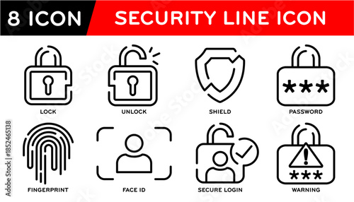 Security, Lock, Unlock, Shield, Password, Fingerprint, Face ID, Secure, login, Warning. Vector illustration