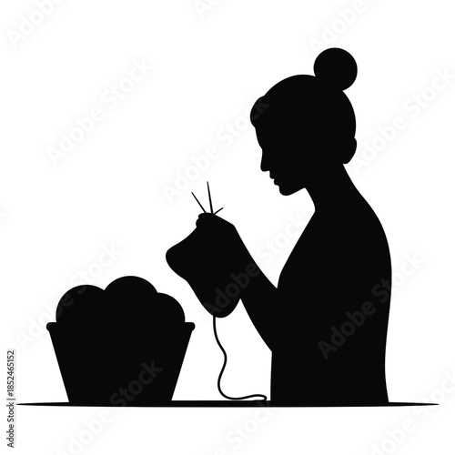 Woman knitting silhouette of crafter creating handmade items yarn basket and needles female hobby black and white vector art