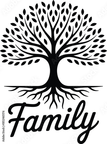 Silhouette design of family tree with roots and leaves for genealogical chart