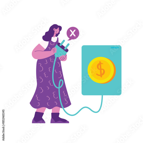 Woman Attempting to Plug Electrical Cord into Golden Money Coin.