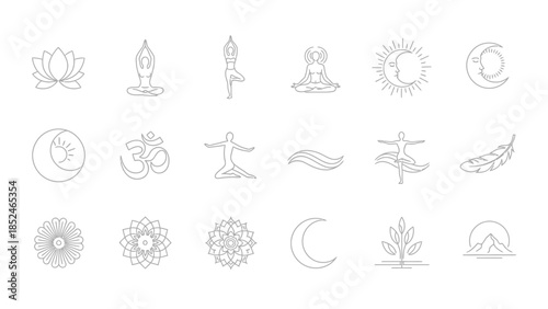 Collection of yoga and meditation symbols and icons