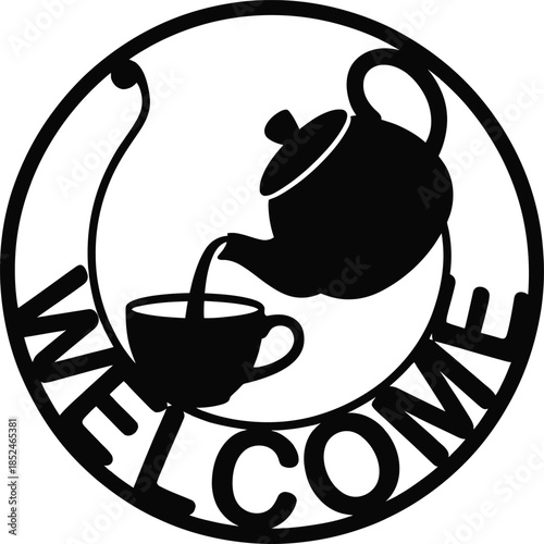 Welcome tea time vector design featuring teapot pouring drink into cup in circle shape