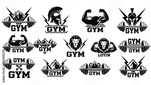 Collection of black and white gym logos with various fitness symbols