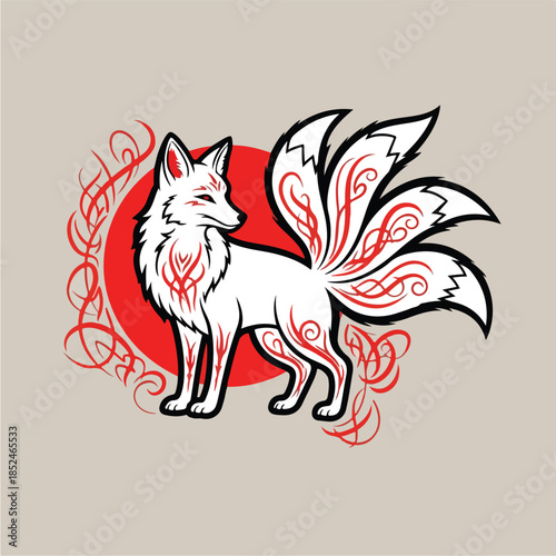 Kitsune Fox Japanese Mythology Creature Illustration.
